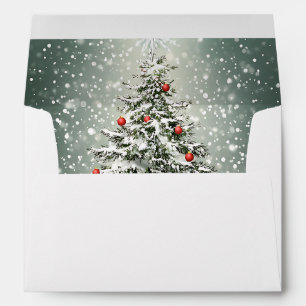 Green Christmas Tree Colorful Ornaments White Snow Envelope