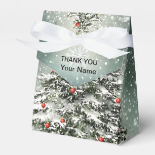 Green Christmas Tree Colorful Ornaments White Snow Favor Boxes