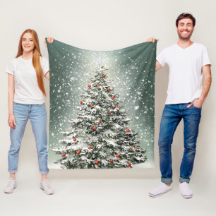 Green Christmas Tree Colorful Ornaments White Snow Fleece Blanket
