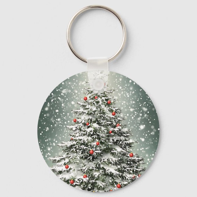 Green Christmas Tree Colorful Ornaments White Snow Keychain (Front)