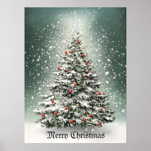 Green Christmas Tree Colorful Ornaments White Snow Poster
