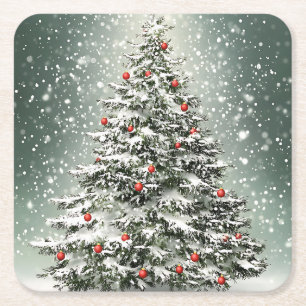 Green Christmas Tree Colorful Ornaments White Snow Square Paper Coaster