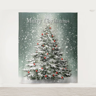Green Christmas Tree Colorful Ornaments White Snow Tapestry