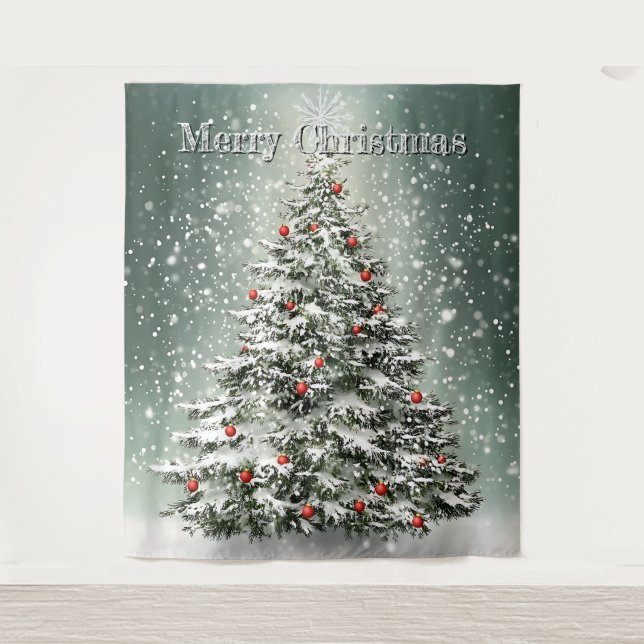 Green Christmas Tree Colorful Ornaments White Snow Tapestry (Front)