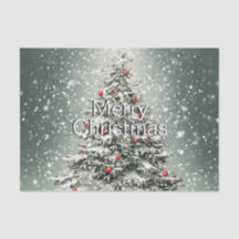 Green Christmas Tree Colorful Ornaments White Snow