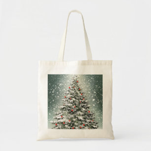 Green Christmas Tree Colorful Ornaments White Snow Tote Bag