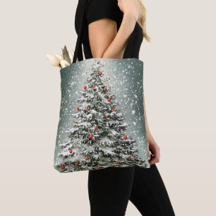 Green Christmas Tree Colorful Ornaments White Snow Tote Bag