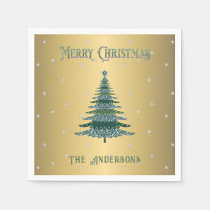 Green Christmas Tree Custom Name Gold Foil Napkins