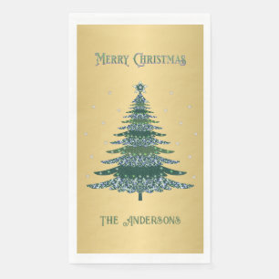 Green Christmas Tree Custom Name Gold Foil Paper Guest Towels
