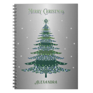 Green Christmas Tree Custom Name Silver Foil Notebook