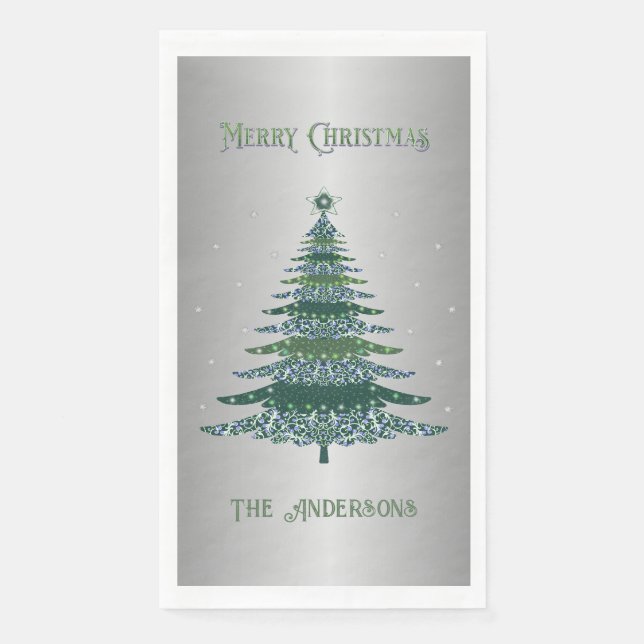 Green Christmas Tree Custom Name Silver Foil Paper Guest Towels (Front)