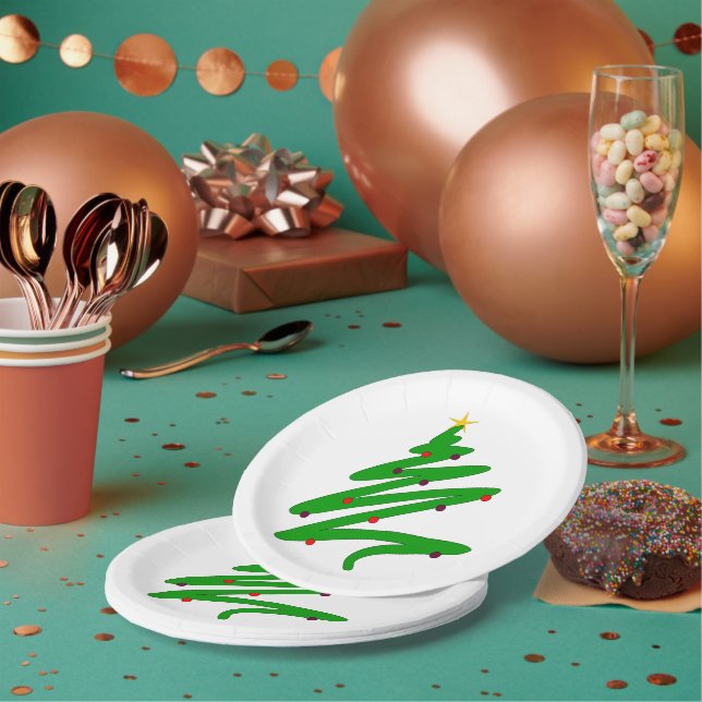 Green Christmas Tree Doodle Paper Plates (Multi)