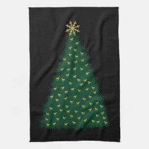 Green Christmas Tree, Gold Running Horses on Black Towel