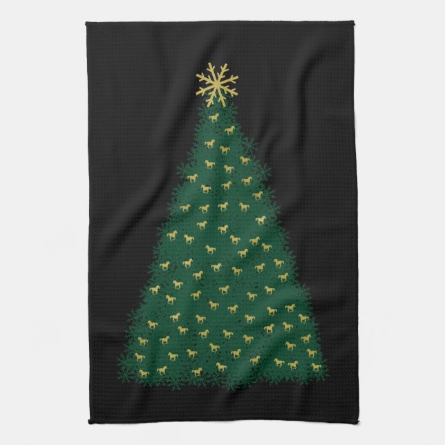 Green Christmas Tree, Gold Running Horses on Black Towel (Vertical)