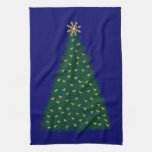 Green Christmas Tree, Gold Running Horses on Navy Kitchen Towel