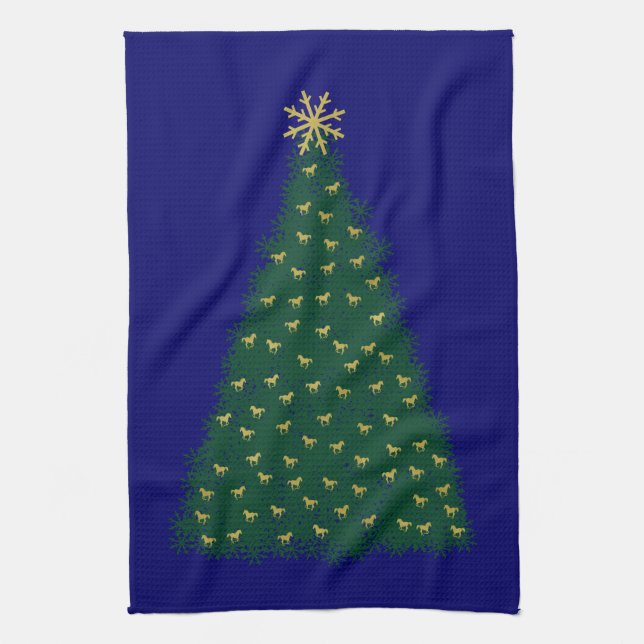 Green Christmas Tree, Gold Running Horses on Navy Kitchen Towel (Vertical)