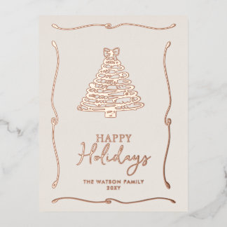 Green Christmas Tree Hand-Drawn Bow Ribbon  Foil Holiday Postcard