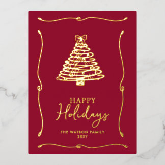 Green Christmas Tree Hand-Drawn Bow Ribbon  Foil Holiday Postcard