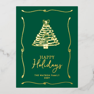 Green Christmas Tree Hand-Drawn Bow Ribbon  Foil Holiday Postcard
