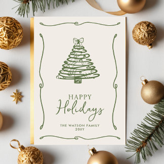 Green Christmas Tree Hand-Drawn Bow Ribbon Holiday Card