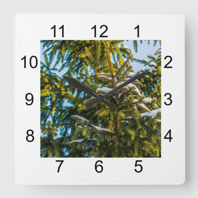 Green Christmas Tree In Snow Square Wall Clock (Front)