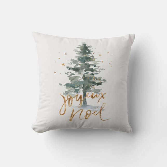 Green Christmas tree Joyeux Noel gold typography Throw Pillow (Front)