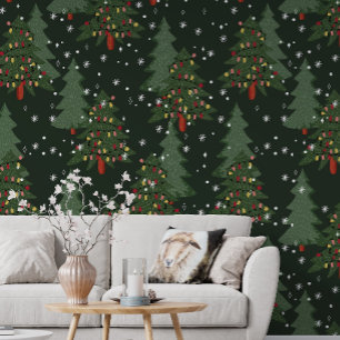 Green Christmas Tree Light Snow Ornament Pattern Wallpaper
