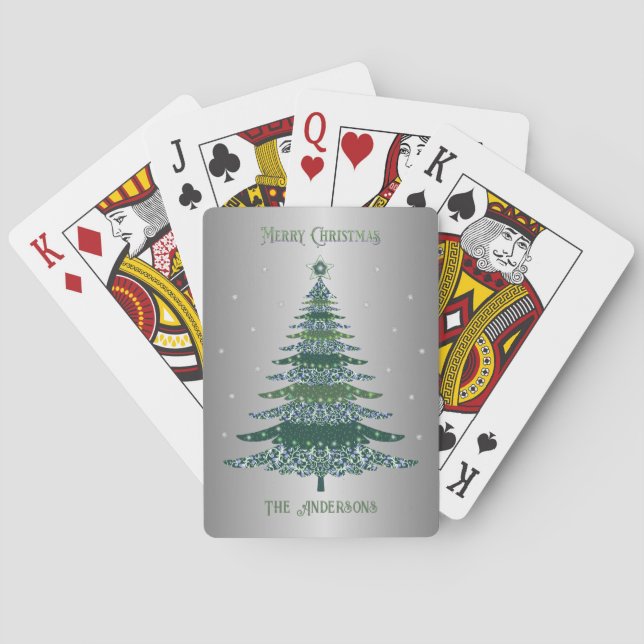 Green Christmas Tree Name Custom Silver Foil Poker Cards (Back)