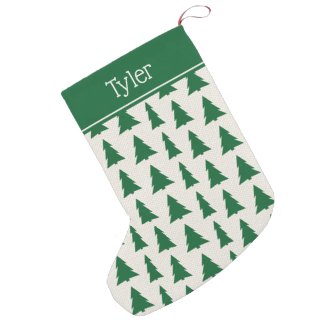 Green Christmas Tree Pattern on Beige Custom Name Small Christmas Stocking