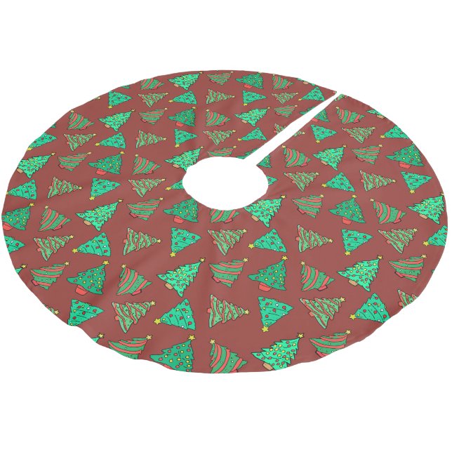 Green Christmas Tree Pattern | Red Brushed Polyester Tree Skirt (Angled)