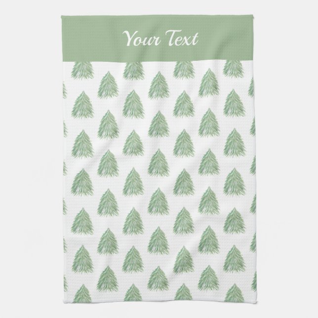 Green Christmas Tree Pattern Watercolor Holiday Kitchen Towel (Vertical)