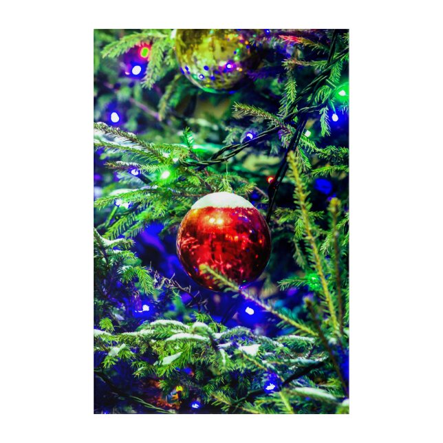 Green Christmas Tree Red Ball Acrylic Print (Front)