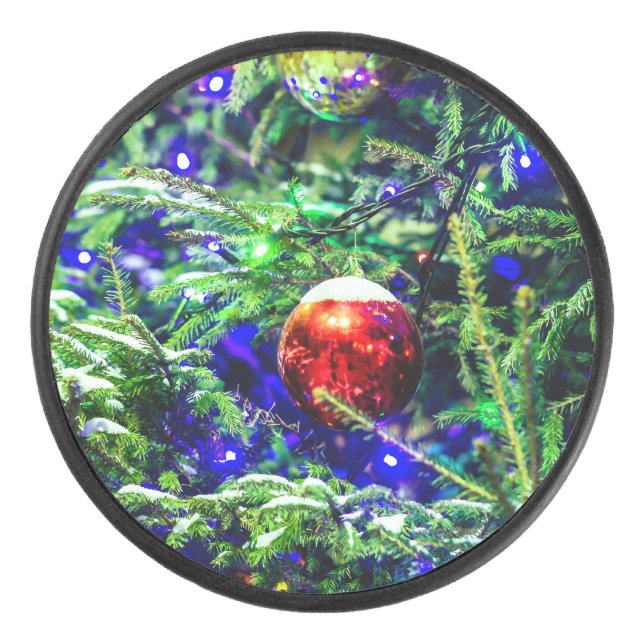 Green Christmas Tree Red Ball Hockey Puck (Front)