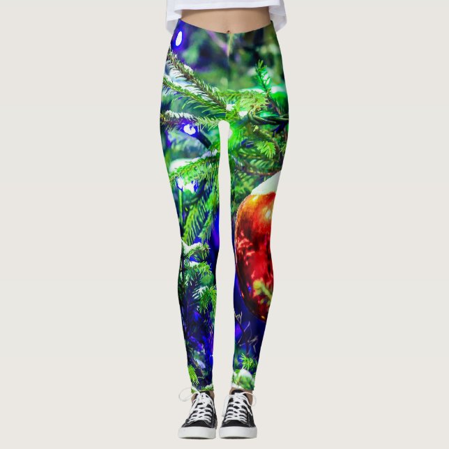 Green Christmas Tree Red Ball Leggings (Front)