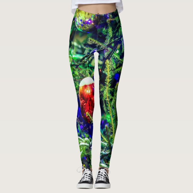 Green Christmas Tree Red Ball Leggings (Front)