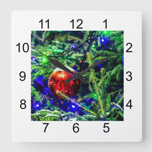 Green Christmas Tree Red Ball Square Wall Clock (Front)