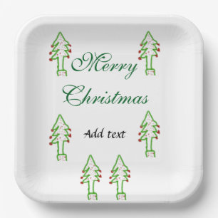 Green Christmas tree red cherry merry Christmas mo Paper Plates