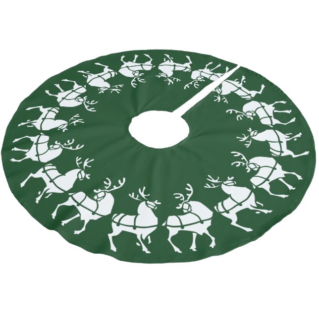 Green Christmas Tree Skirt Holiday Reindeer Decor (Angled)