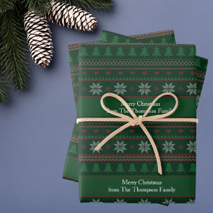 Green Christmas Tree Snowflakes Pattern Custom Wrapping Paper Sheets