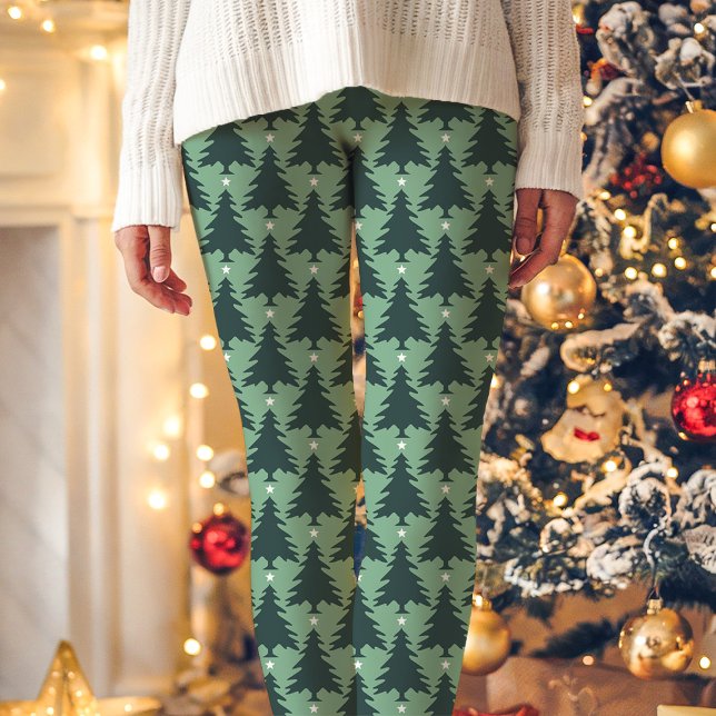 Green Christmas Tree Star Pattern Holiday Leggings (Creator Uploaded)