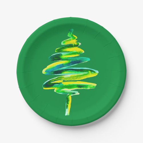 Green Christmas Tree watercolor Paper Plates