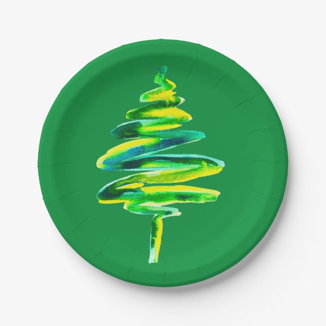 Green Christmas Tree watercolor Paper Plates (Front)