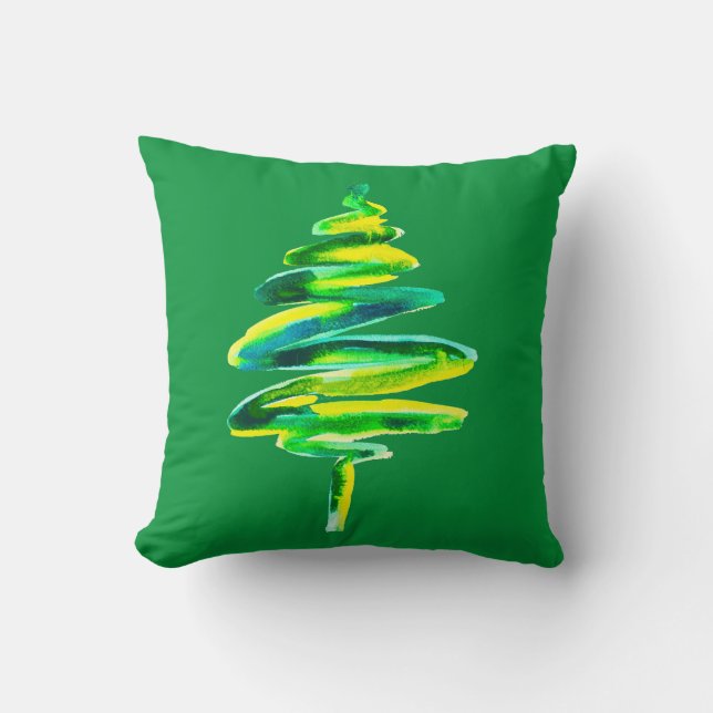 Green Christmas Tree watercolor Throw Pillow (Front)