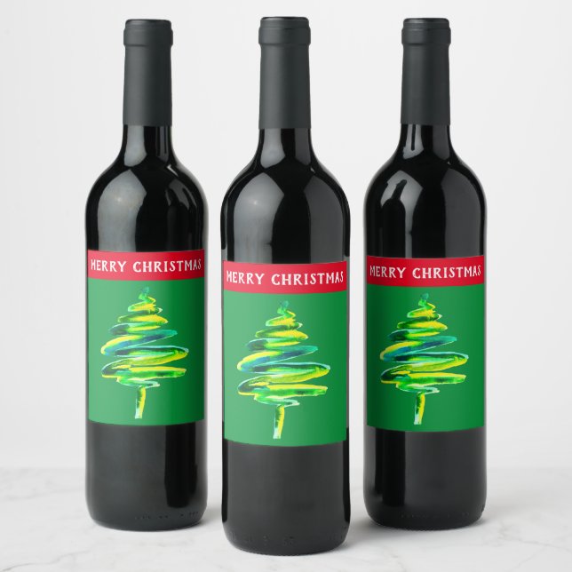 Green Christmas Tree watercolor Wine Label (Bottles)