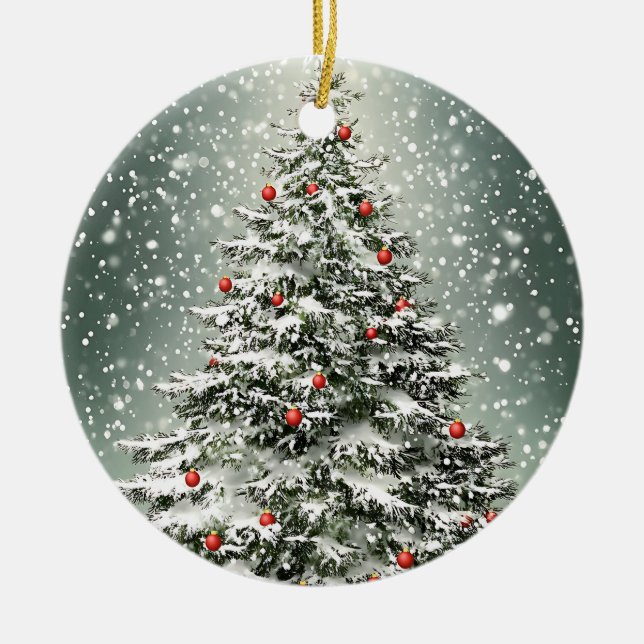 Green Christmas Tree White Snow Beautiful Ceramic Ornament (Front)