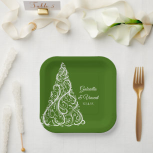 Green Christmas Tree Winter Wedding Paper Plates
