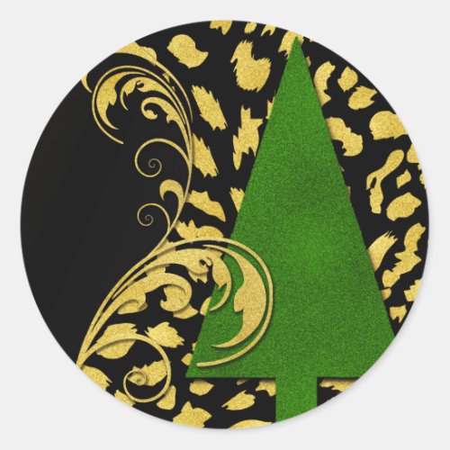 Green Christmas Tree with Black and Gold Swirls Classic Round Sticker