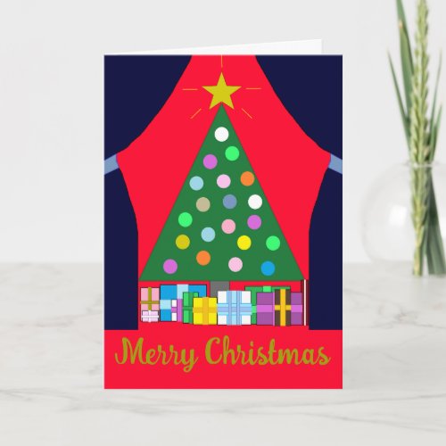 Green Christmas Tree with Blue Curtains Card