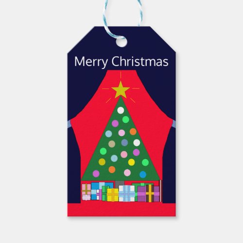 Green Christmas Tree with Blue Curtains Gift Tags