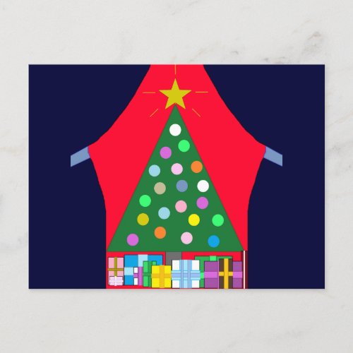 Green Christmas Tree with Blue Curtains Holiday Postcard